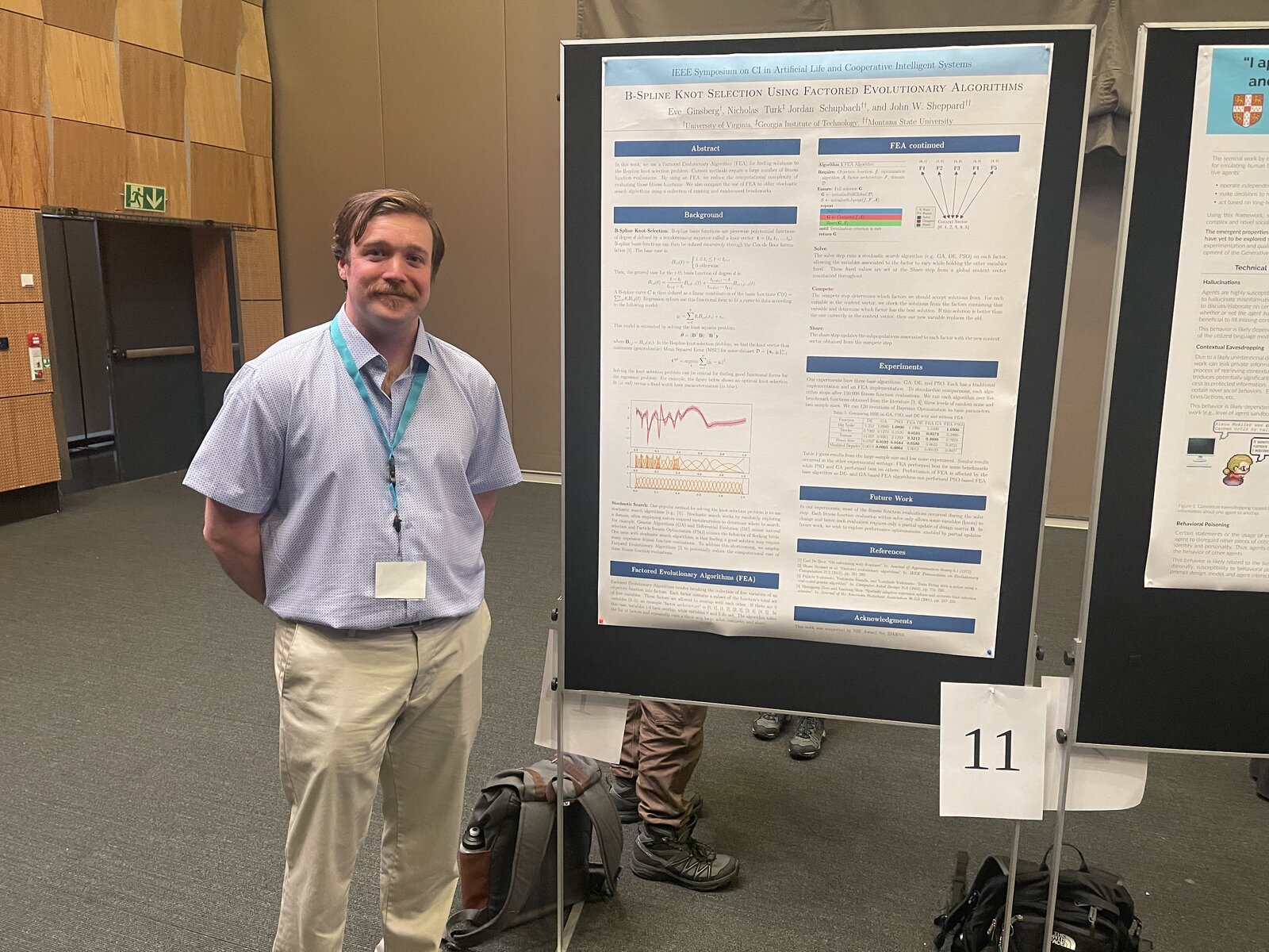 Jordan Schupbach presenting a conference poster titled "B-Spline Knot Selection Using Factored Evolutionary Algorithms" at IEEE SSCI 2025.